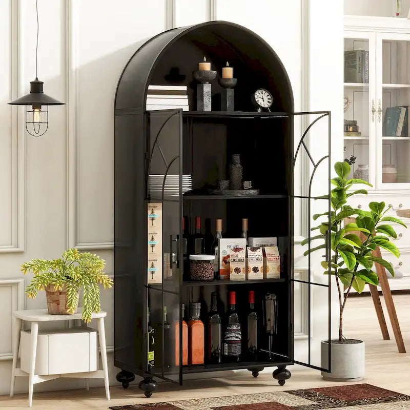 Modern Arched Storage Cabinet with Glass Doors, Open Display Shelves, Kitchen Pantry, Accent Cabinet, Freestanding Bookcase