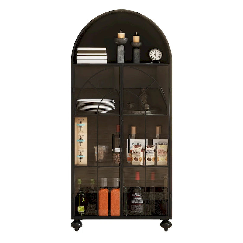Modern Arched Storage Cabinet with Glass Doors, Open Display Shelves, Kitchen Pantry, Accent Cabinet, Freestanding Bookcase