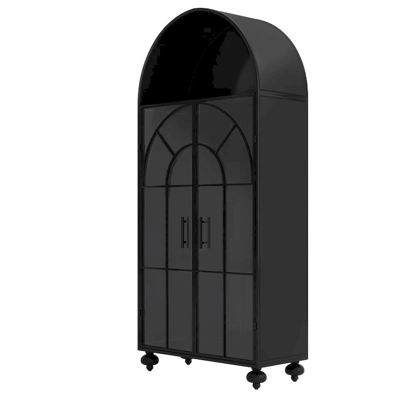 Modern Arched Storage Cabinet with Glass Doors, Open Display Shelves, Kitchen Pantry, Accent Cabinet, Freestanding Bookcase