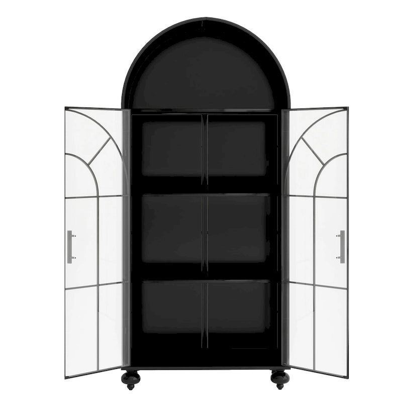 Modern Arched Storage Cabinet with Glass Doors, Open Display Shelves, Kitchen Pantry, Accent Cabinet, Freestanding Bookcase