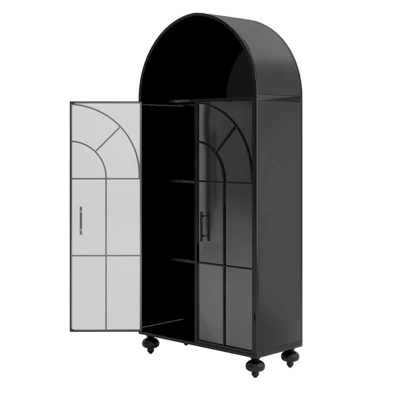 Modern Arched Storage Cabinet with Glass Doors, Open Display Shelves, Kitchen Pantry, Accent Cabinet, Freestanding Bookcase