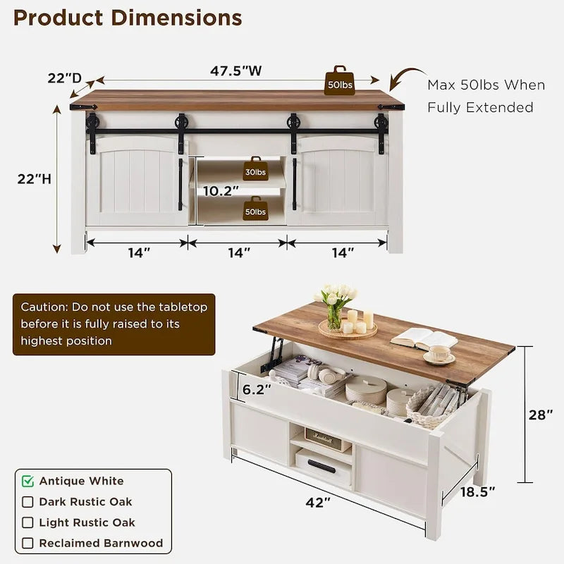 Farmhouse Lift Top Coffee Table, 48"W x 22"D