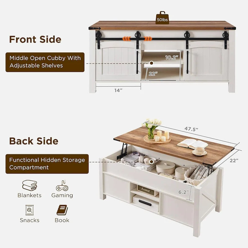 Farmhouse Lift Top Coffee Table, 48"W x 22"D