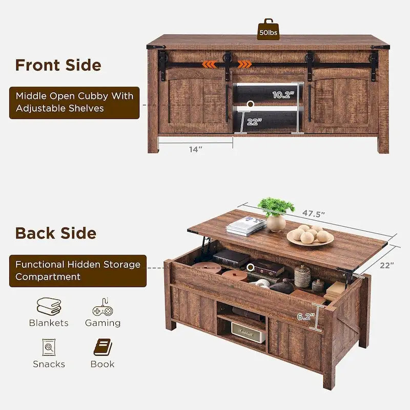 Farmhouse Lift Top Coffee Table, 48"W x 22"D