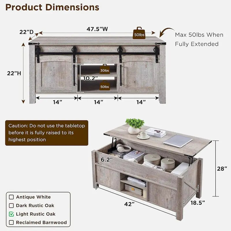 Farmhouse Lift Top Coffee Table, 48"W x 22"D
