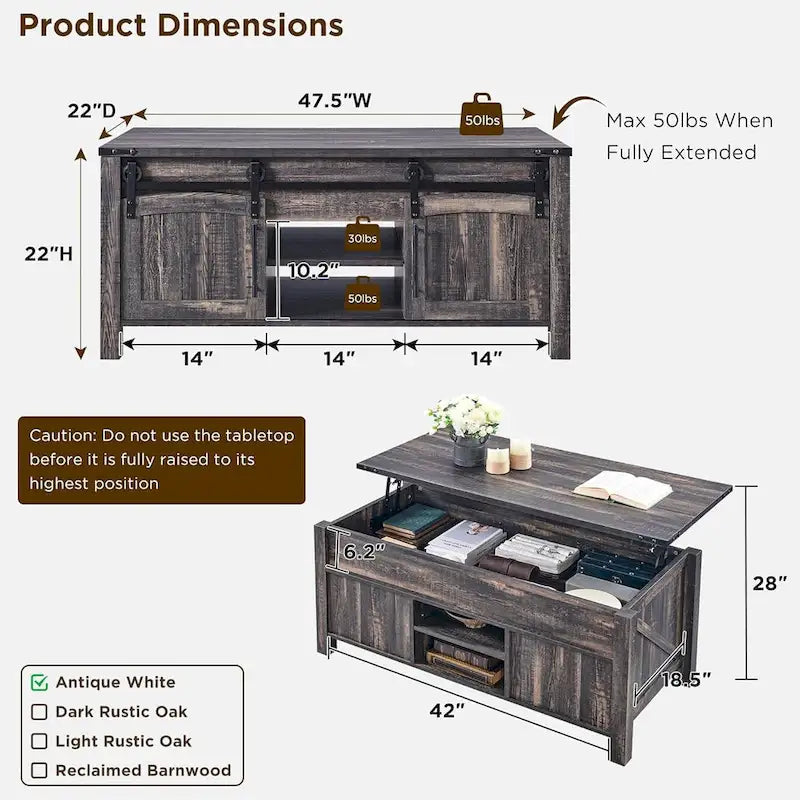 Farmhouse Lift Top Coffee Table, 48"W x 22"D