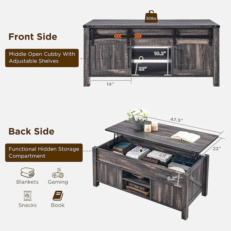 Farmhouse Lift Top Coffee Table, 48"W x 22"D