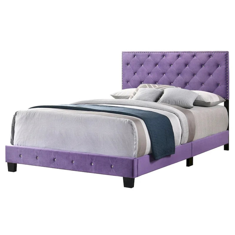 Tufted Faux Jewel Velvet Upholstered Queen Panel Bed - 83 - Purple