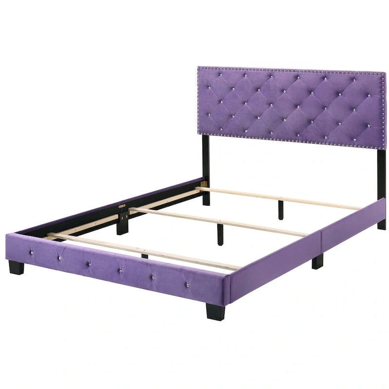Tufted Faux Jewel Velvet Upholstered Queen Panel Bed - 83 - Purple