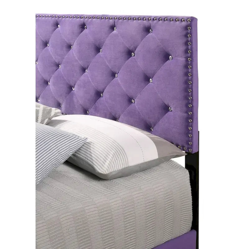 Tufted Faux Jewel Velvet Upholstered Queen Panel Bed - 83 - Purple