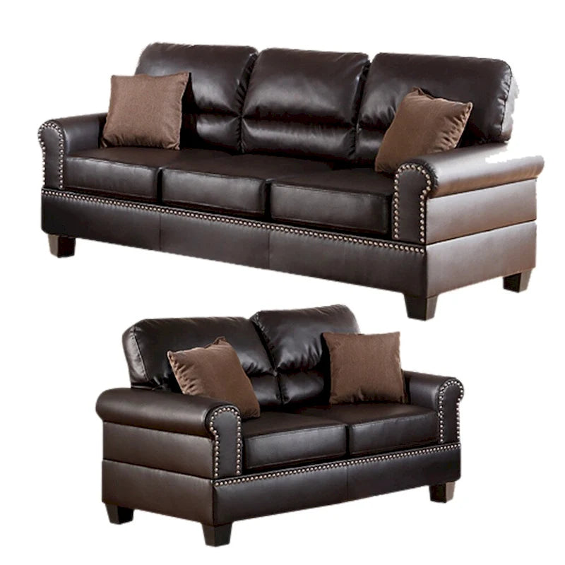 Bonded Leather 2 Pieces Sofa Set With Pillows In Brown