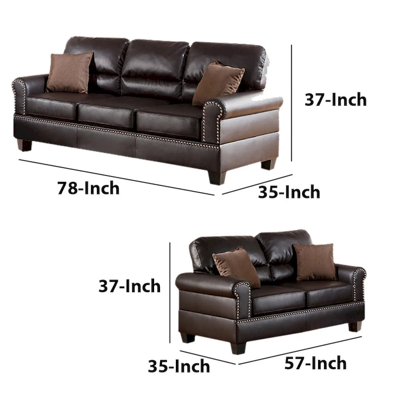 Bonded Leather 2 Pieces Sofa Set With Pillows In Brown