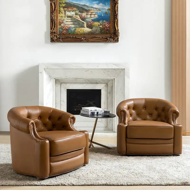 Felipe Modern Genuine Leather Swivel Chair With Tufted Back Set of 2 By 