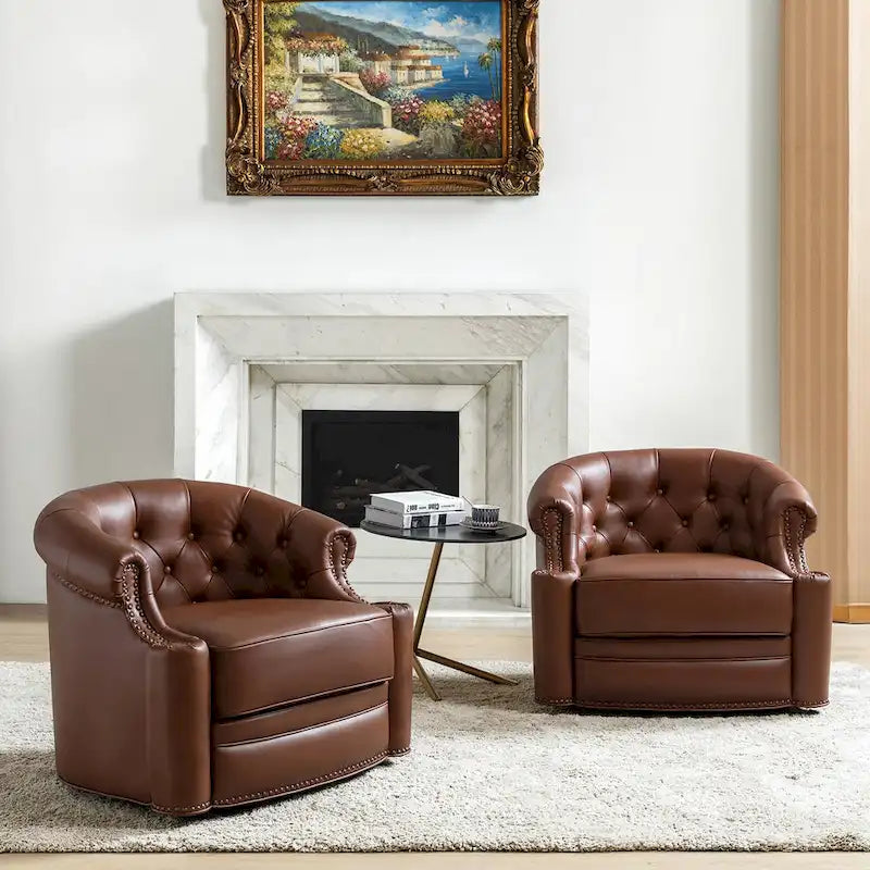 Felipe Modern Genuine Leather Swivel Chair With Tufted Back Set of 2 By