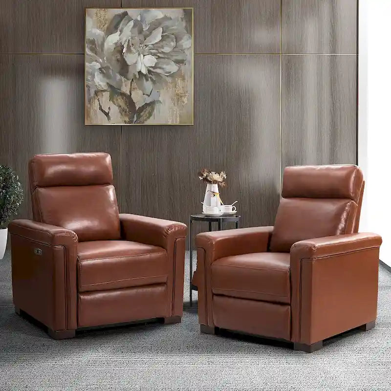 Alicia 34.65 Wide Contemporary Classic Genuine Leather Power Recliner With USB Port (Set of 2)