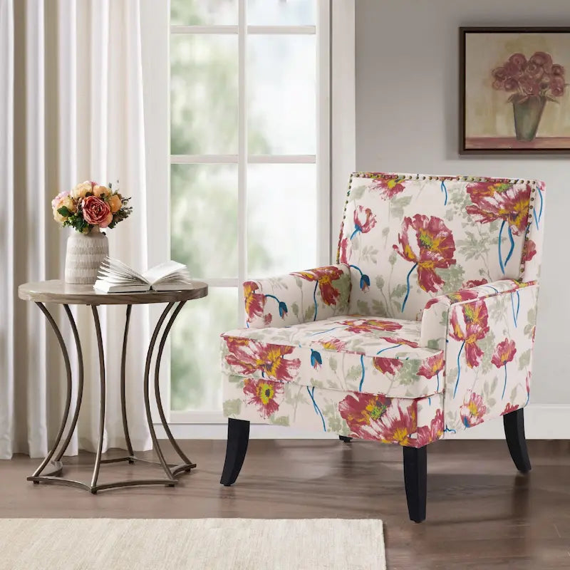 Club Chair Linen Upholstered Accent Armchair with Nailhead Trim and Wood Legs, Rivets design