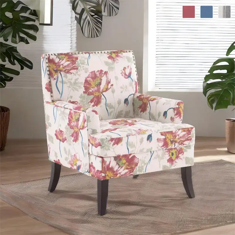 Club Chair Linen Upholstered Accent Armchair with Nailhead Trim and Wood Legs, Rivets design