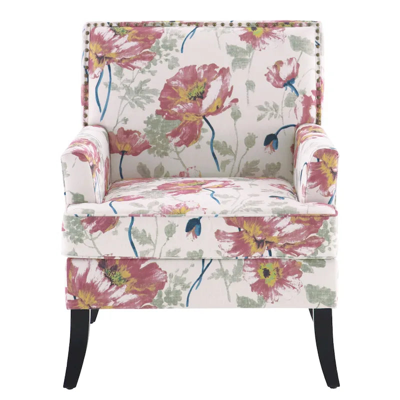 Club Chair Linen Upholstered Accent Armchair with Nailhead Trim and Wood Legs, Rivets design