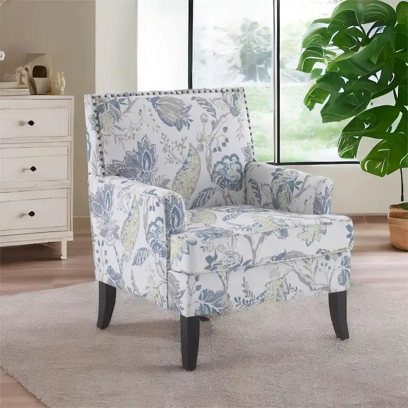 Club Chair Linen Upholstered Accent Armchair with Nailhead Trim and Wood Legs, Rivets design