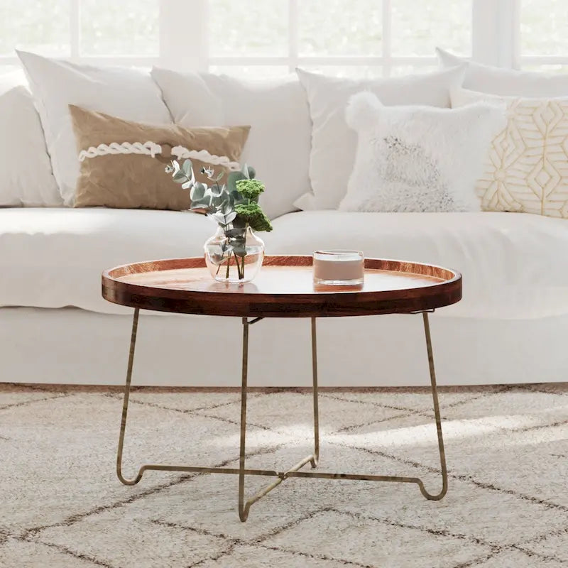 Round Natural Wood And Gold Iron Coffee Table by 