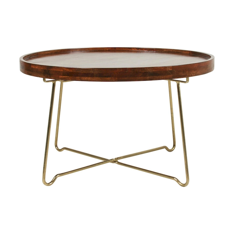 Round Natural Wood And Gold Iron Coffee Table by