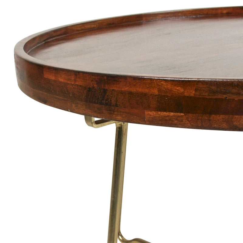 Round Natural Wood And Gold Iron Coffee Table by