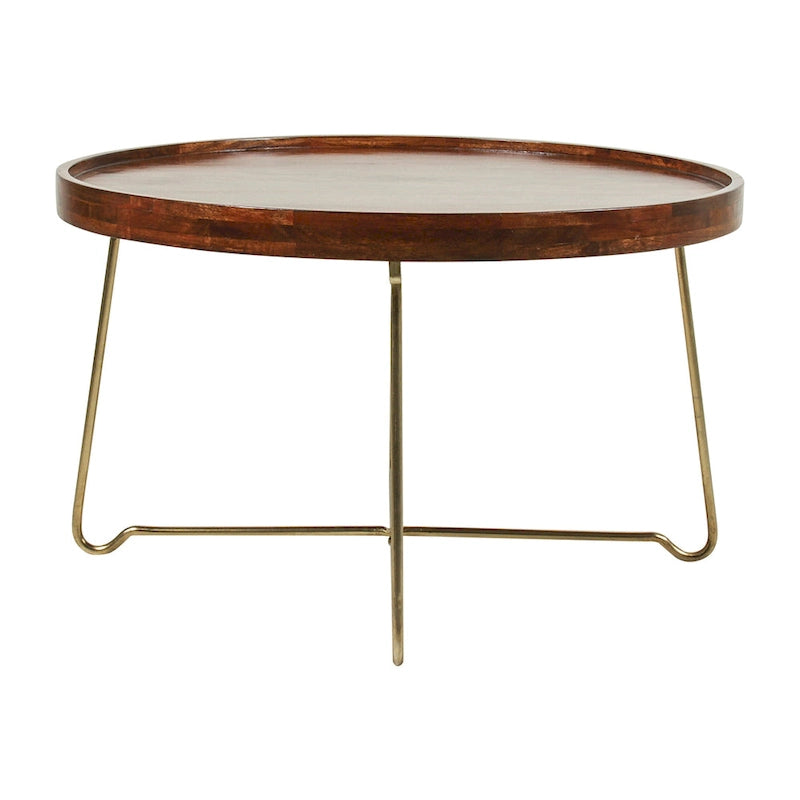 Round Natural Wood And Gold Iron Coffee Table by