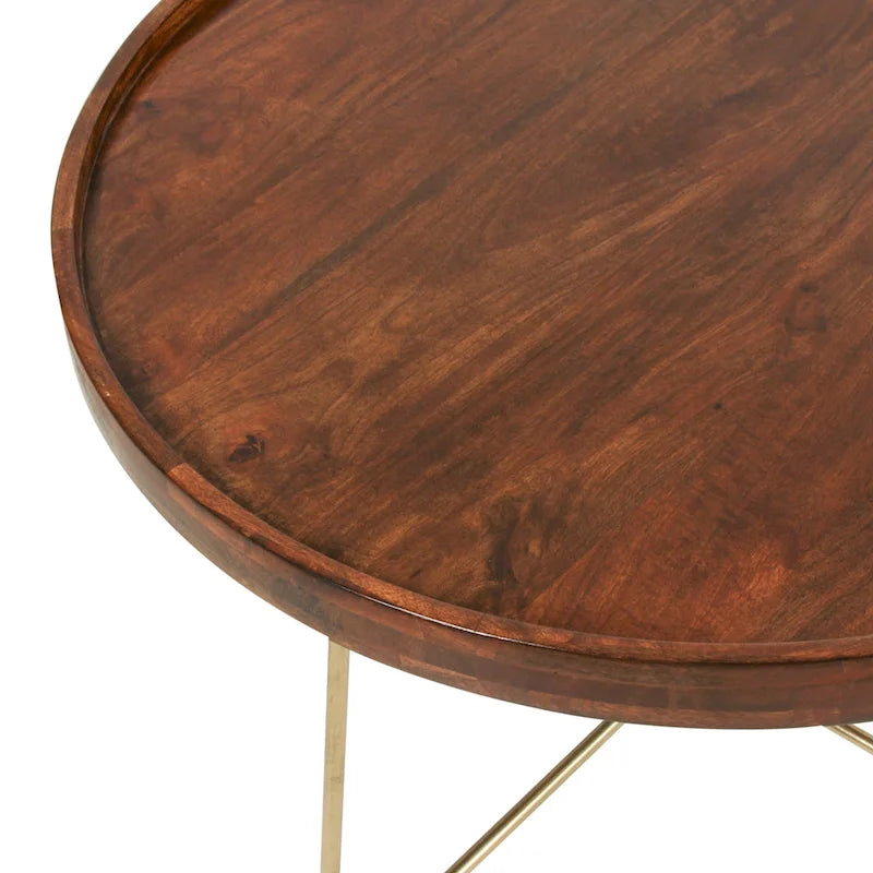 Round Natural Wood And Gold Iron Coffee Table by