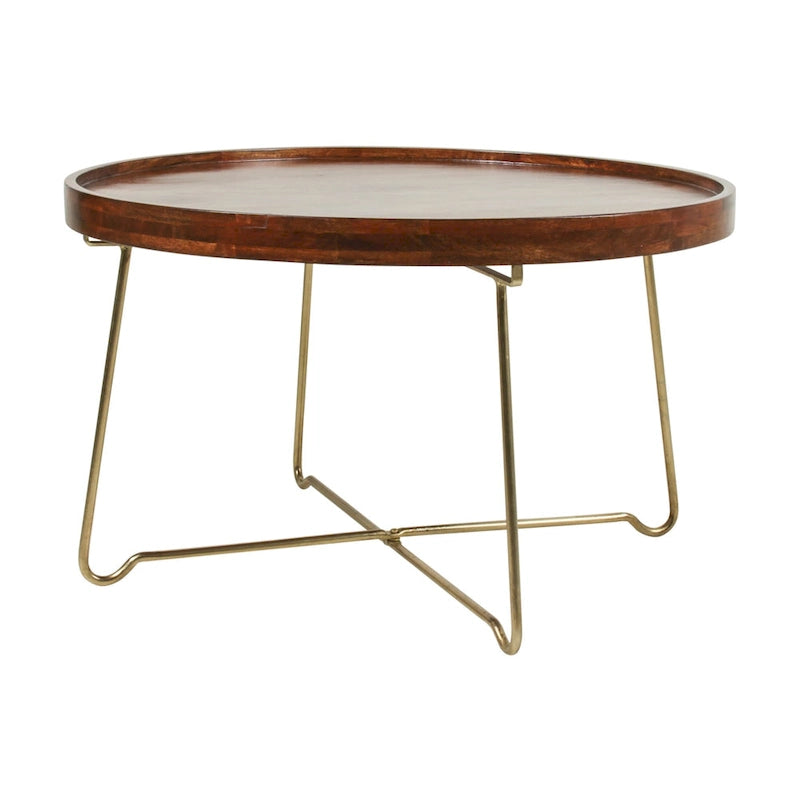 Round Natural Wood And Gold Iron Coffee Table by