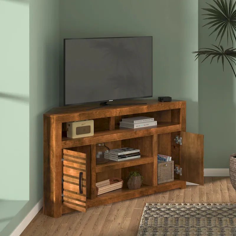 52 inch Corner TV Stand Console for TVs up to 55 inches, No Assembly Required, Whiskey Finish