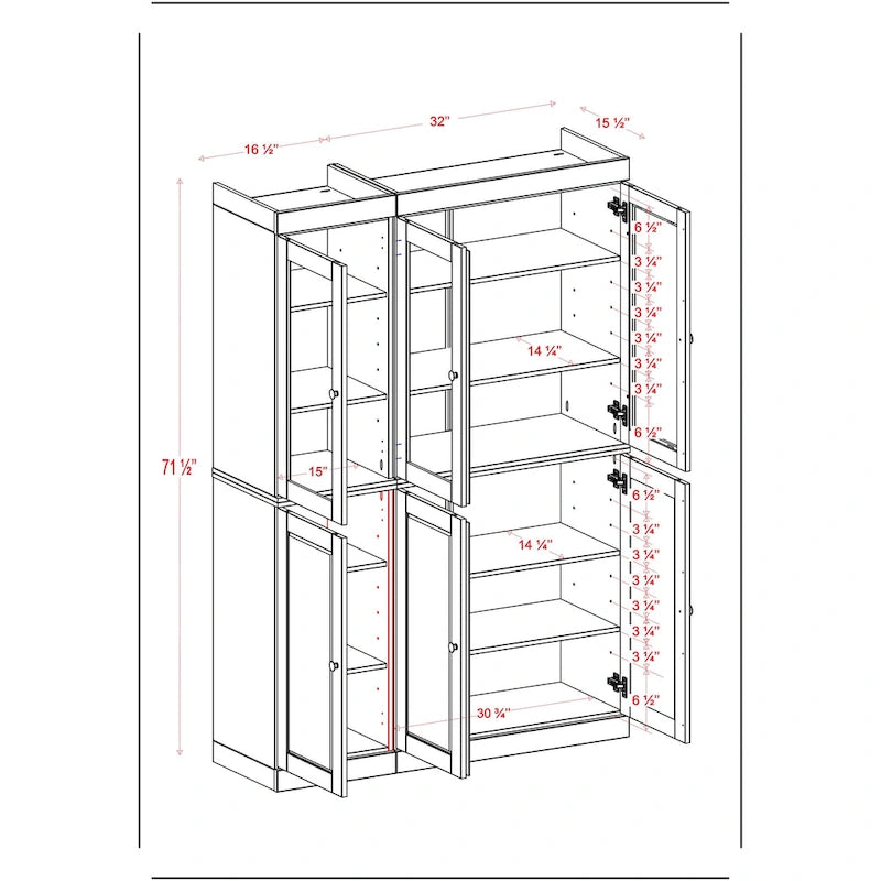 100% Solid Wood 48.5 China Pantry Cabinet with Solid or Clear Glass Doors and Adjustable Shelves - 48.5 x 71.5