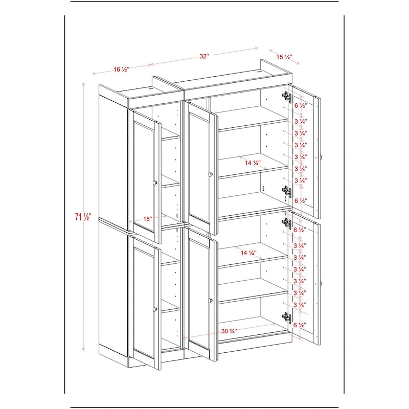 100% Solid Wood 48.5 China Pantry Cabinet with Solid or Clear Glass Doors and Adjustable Shelves - 48.5 x 71.5