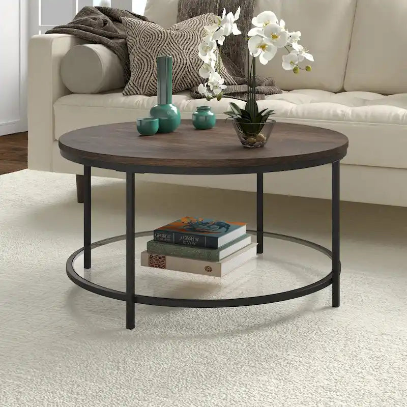 32" Round Coffee Table with MDF Top and Glass Shelf