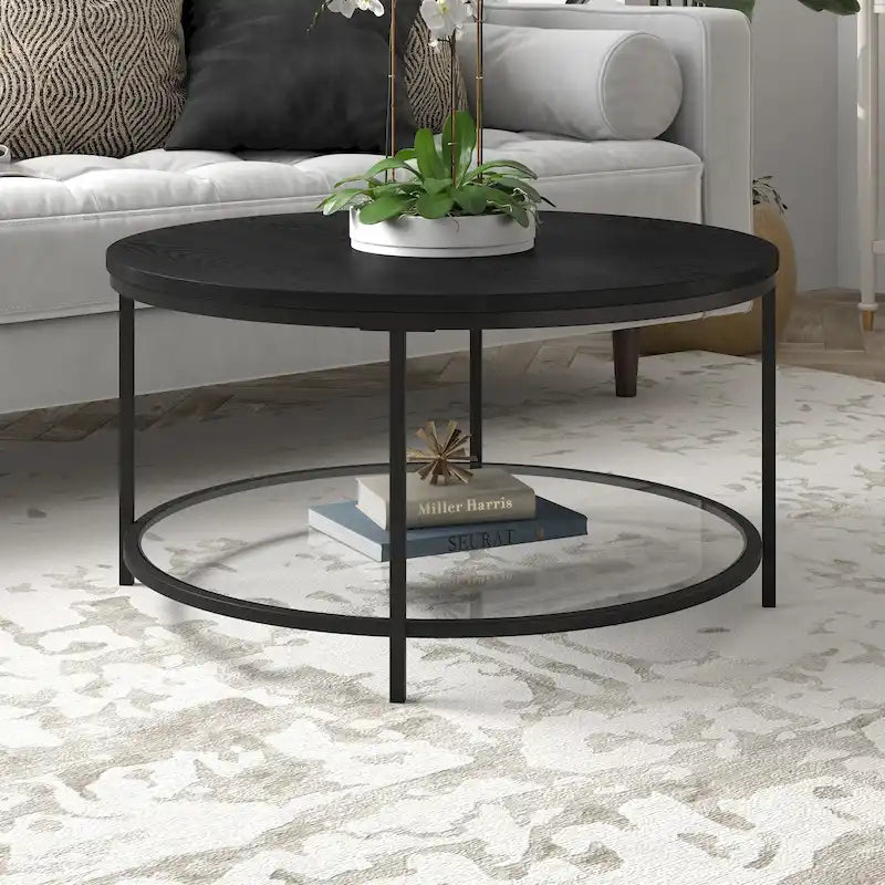 32" Round Coffee Table with MDF Top and Glass Shelf