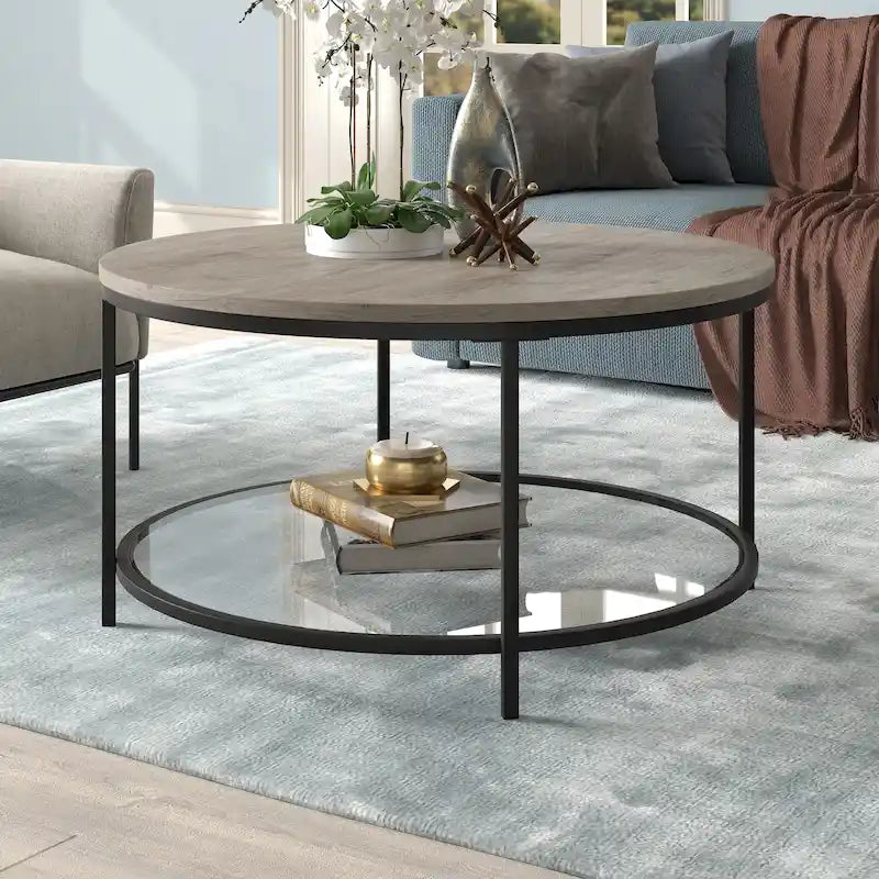 32" Round Coffee Table with MDF Top and Glass Shelf