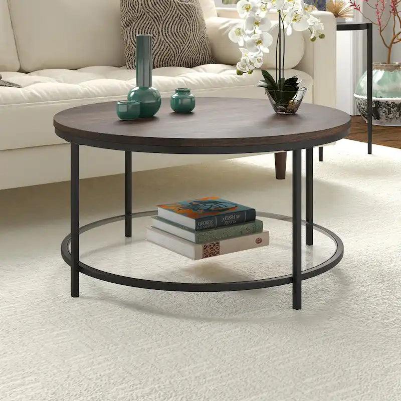 32" Round Coffee Table with MDF Top and Glass Shelf