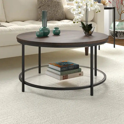 32" Round Coffee Table with MDF Top and Glass Shelf