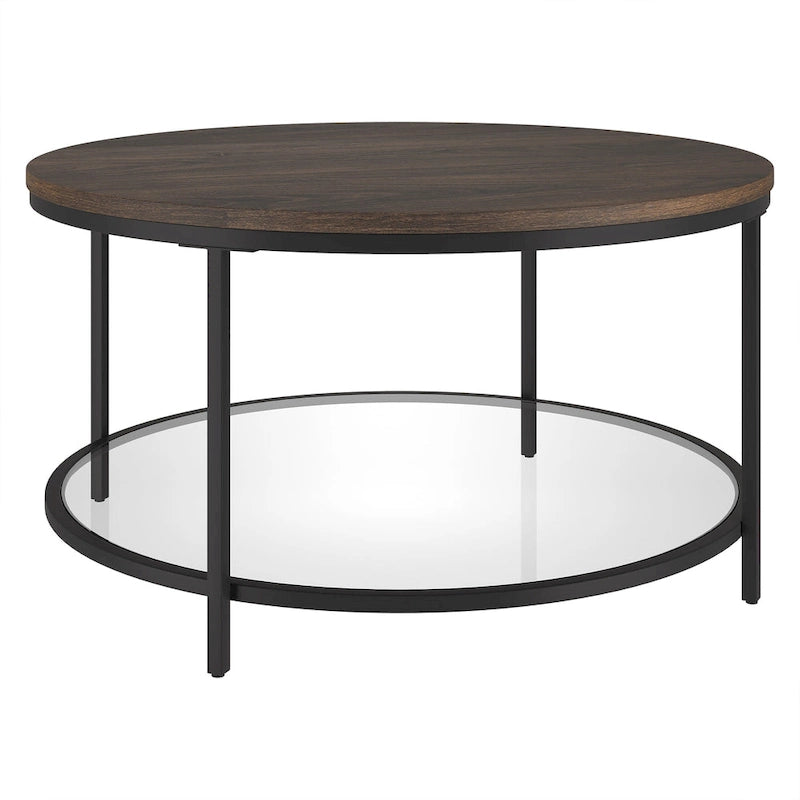 32" Round Coffee Table with MDF Top and Glass Shelf