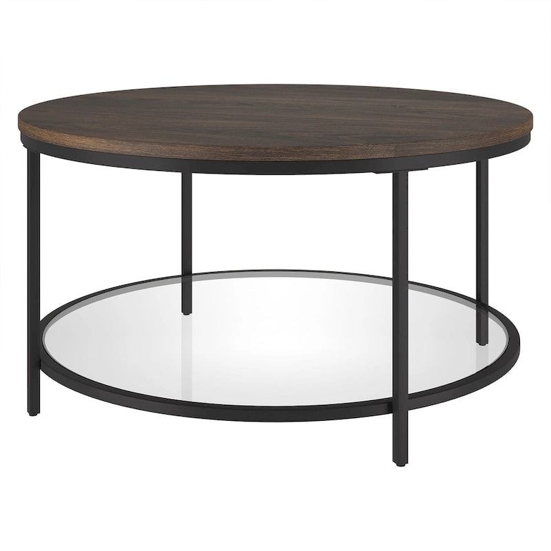 32" Round Coffee Table with MDF Top and Glass Shelf