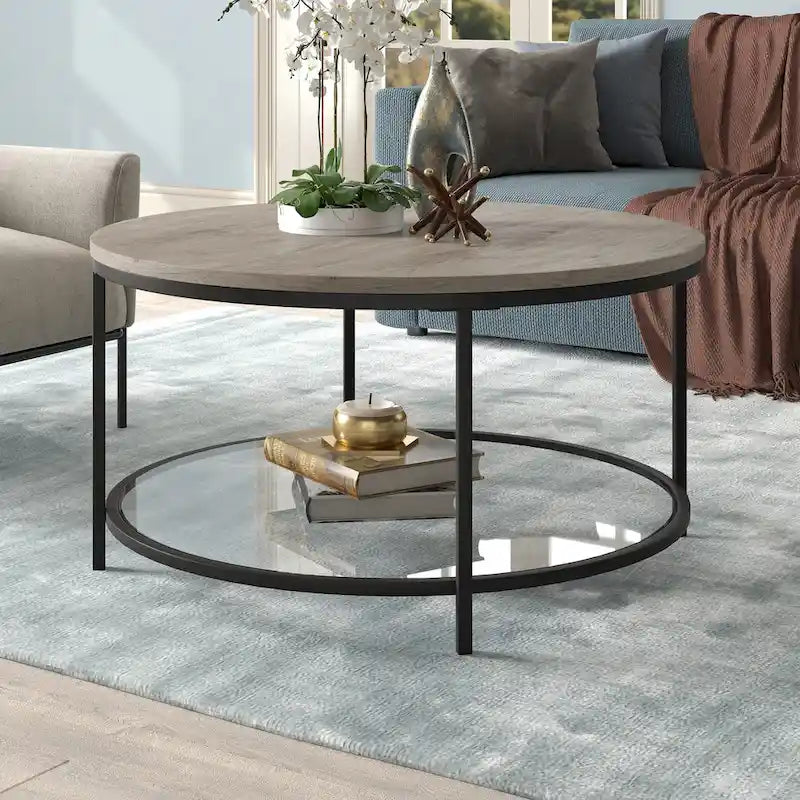 32" Round Coffee Table with MDF Top and Glass Shelf
