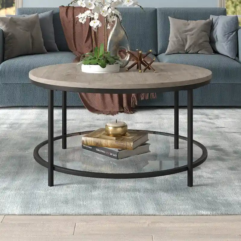 32" Round Coffee Table with MDF Top and Glass Shelf