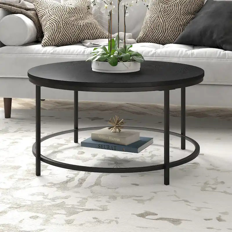 32" Round Coffee Table with MDF Top and Glass Shelf