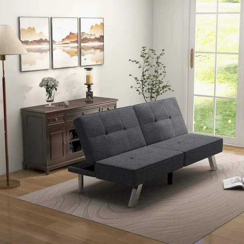 Modern Armless Loveseat Sofa Bed Chair Couch Wood Living Room with two Cushions