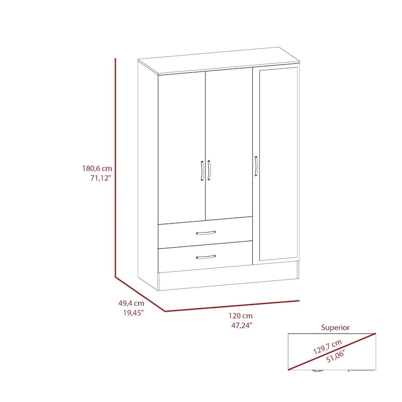 Mirrored Bedroom Armoire with 2 Cabinets and 2 Drawers, 47.2"W