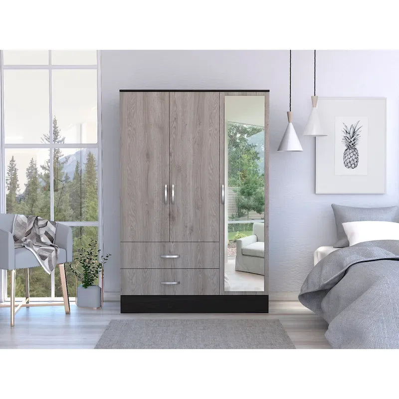  Florencia S Mirrored Bedroom Armoire, with Two Cabinets, Two Drawers and Divisions