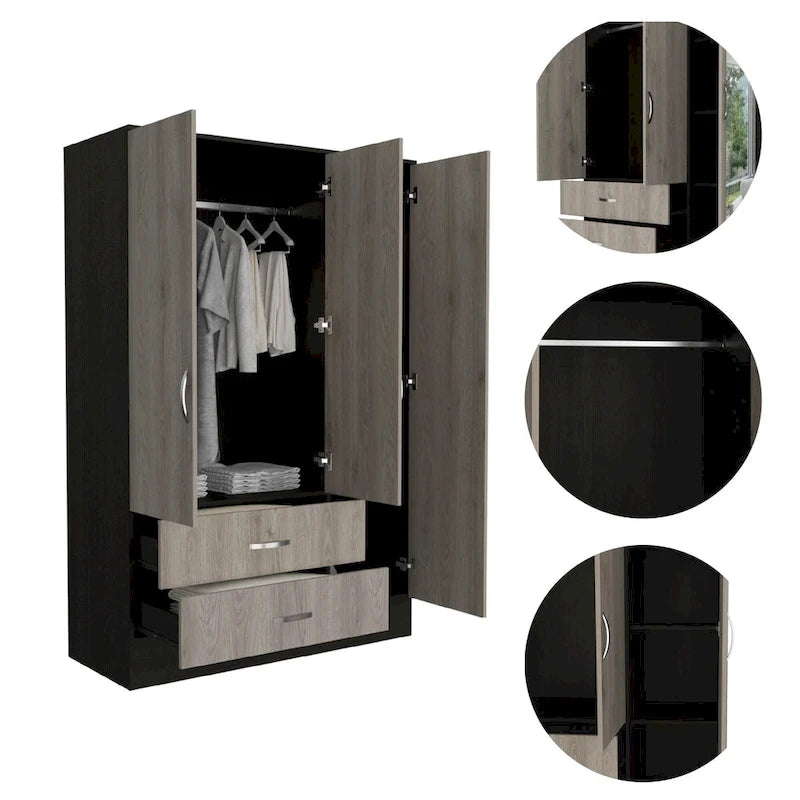 Florencia S Mirrored Bedroom Armoire, with Two Cabinets, Two Drawers and Divisions