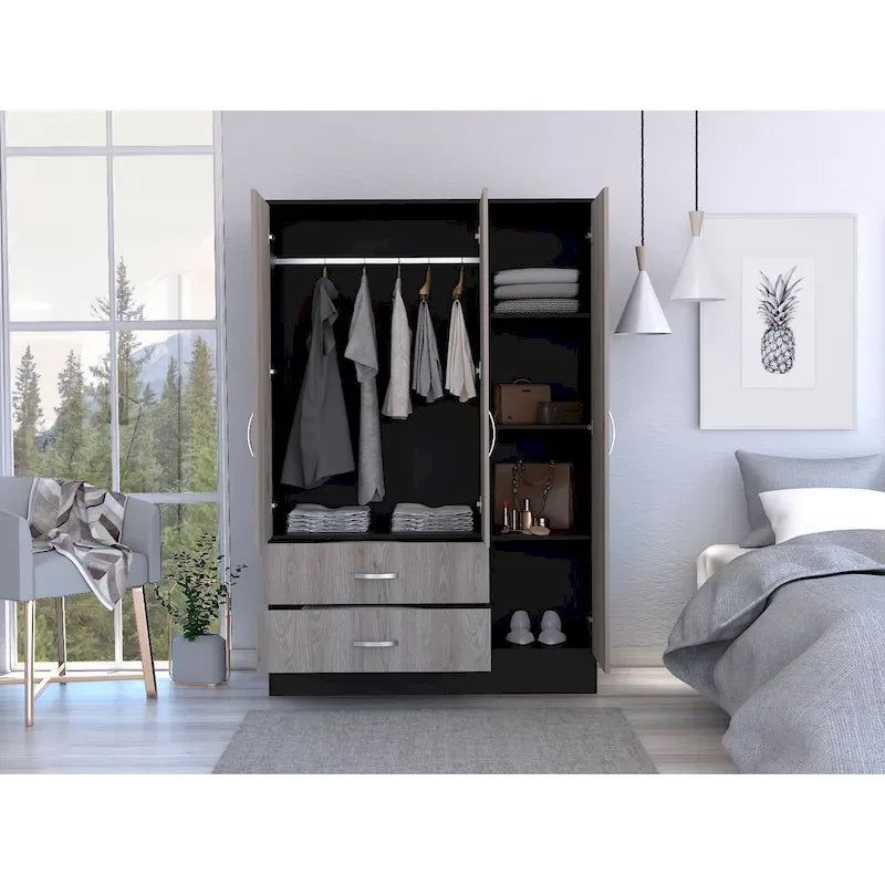 Florencia S Mirrored Bedroom Armoire, with Two Cabinets, Two Drawers and Divisions