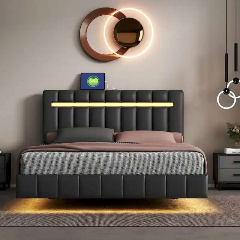 Floating Bed Frame with LED Lights and USB Charging
