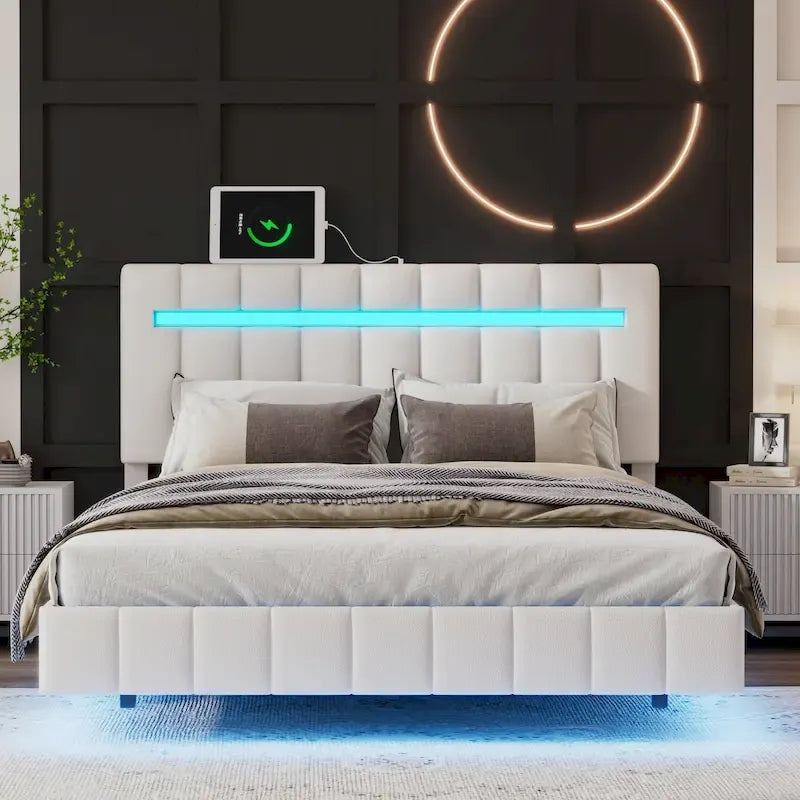 Floating Bed Frame with LED Lights and USB Charging