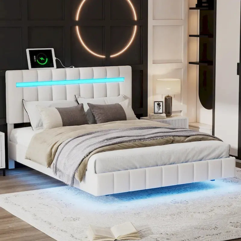 Floating Bed Frame with LED Lights, Full/Queen